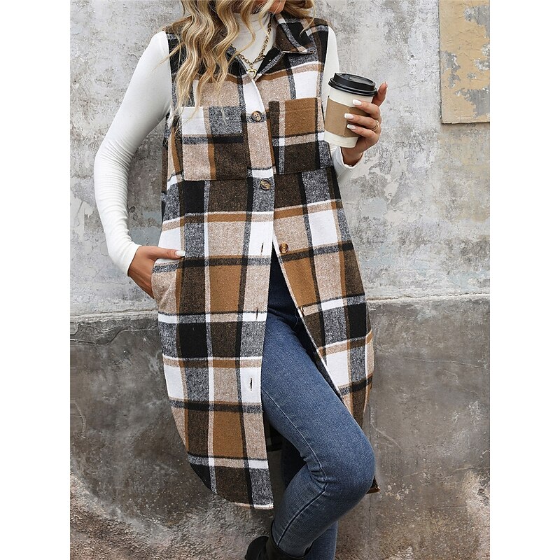 Women's Vest Outdoor Street Daily Wear Fall Winter Long Coat Regular Fit Thermal Warm Breathable Stylish Casual Jacket Sleeveless Stripes and Plaid with Pockets Print Orange Green Khaki3