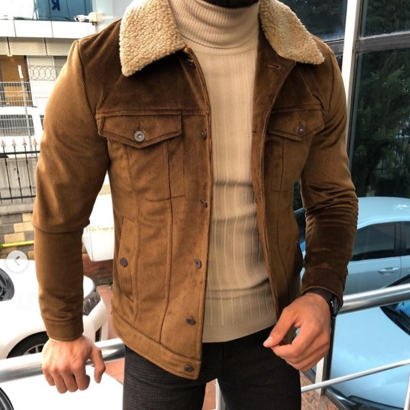 Men's Shirt Jacket Corduroy Jacket Fleece Jacket Formal Home Pocket Winter Spring &  Fall Solid Color Vintage Fashion Shirt Collar Regular Brown Jacket2