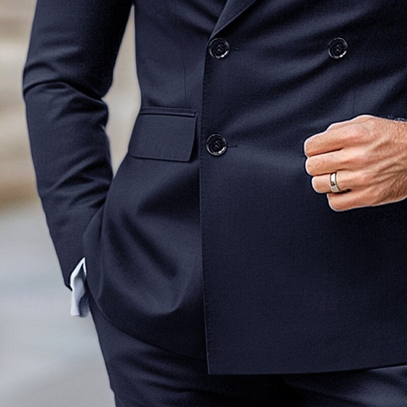 Men's Formal Wedding Suits Peaked Lapel Navy Blue Elegant Fashion Solid Color Tailored Fit 2 Piece4