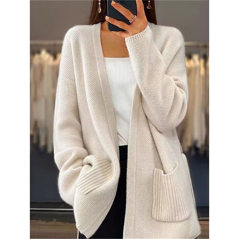 Women's Sweater Cardigan Casual Soft Pure Color Ribbed Open Front Pocket Knitted Long Sleeve Regular Tops Knit Outdoor Daily Weekend Green Beige Fall Winter2