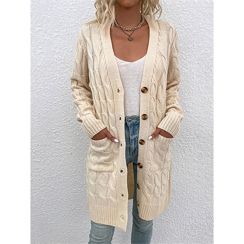 Women's Sweater Cardigan Casual Soft Pure Color Ribbed V Neck Pocket Knitted Long Sleeve Long Tops Knit Outdoor Daily Weekend Red Green Fall Winter