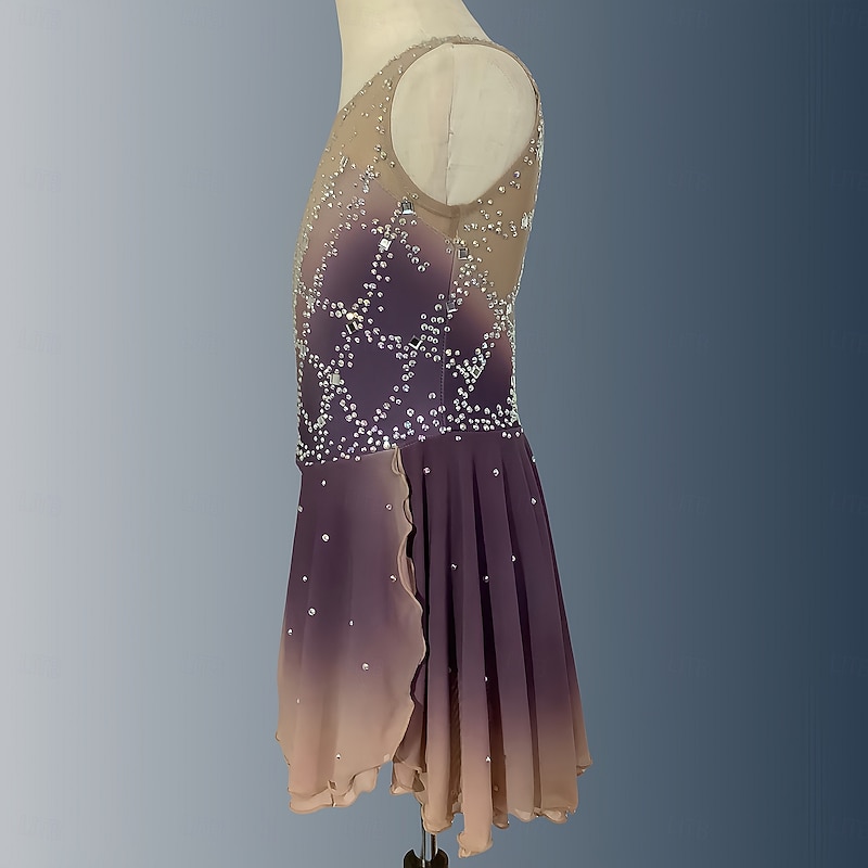Figure Skating Dress Women's Girls' Ice Skating Dress Brown Open Back Halo Dyeing Mesh Spandex Stretchy Training Practice Professional Skating Wear Thermal Warm Classic Crystal / Rhinestone Sleeveless3
