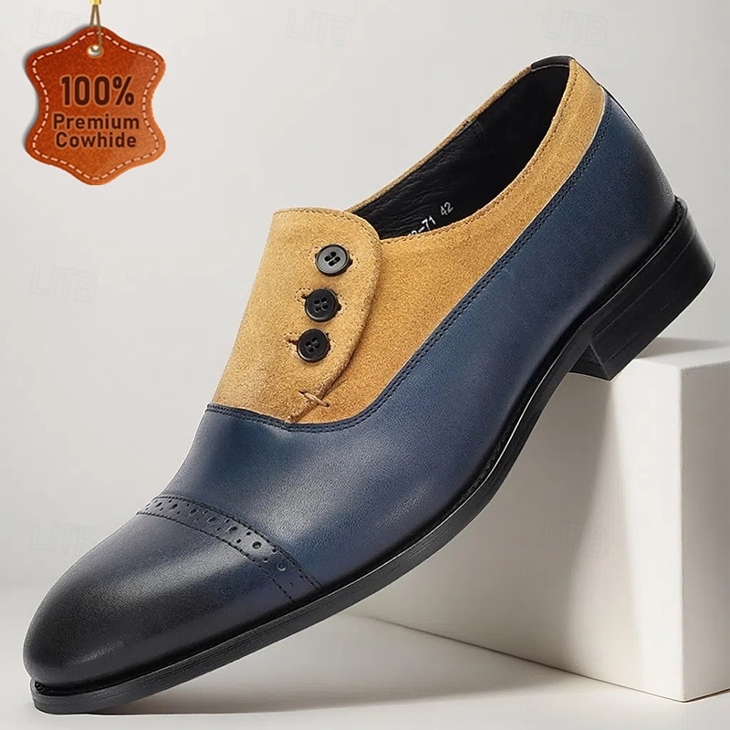 Men's Premium Cowhide Leather and Suede Button-Up Shoes – Elegant Blue and Tan Brogue Formal Shoes for Special Occasions - Main Image