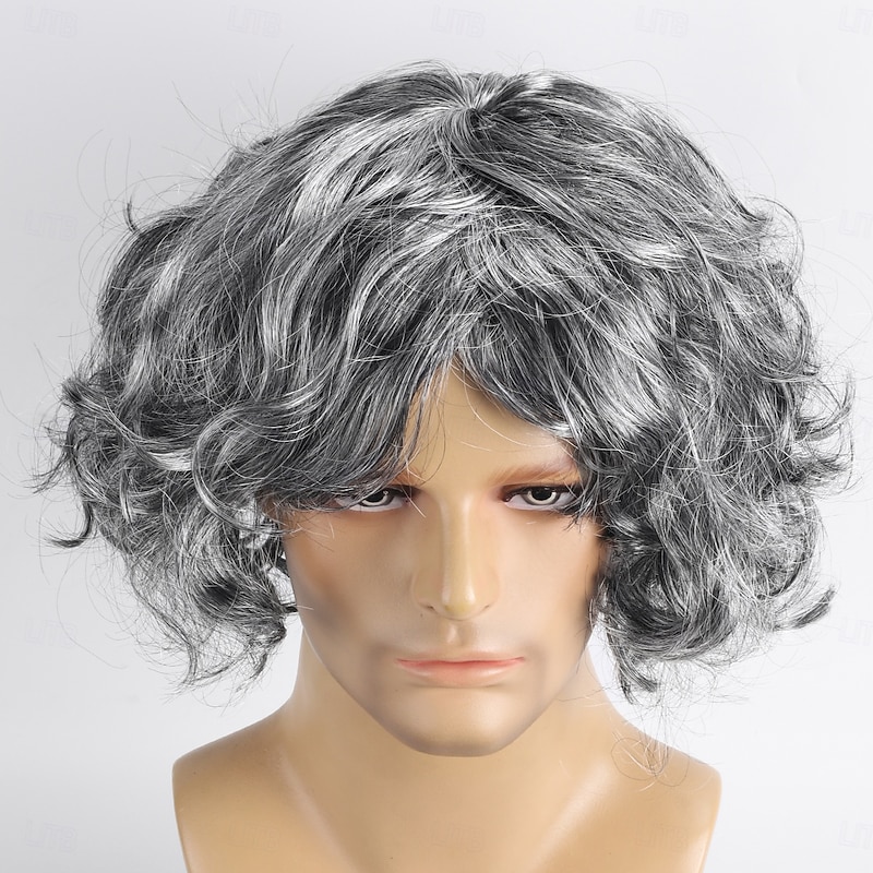 Synthetic Wig Curly With Bangs Machine Made Wig Short Grey Synthetic Hair Men's Gray Halloween Wigs2
