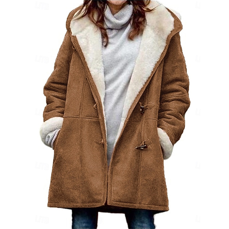 Women's Fleece Jacket Teddy Coat Warm Breathable Pocket Fleece Lined Casual Plain Vacation Street Daily Wear Going out Single Breasted Regular Hoodie Regular Fit Long Sleeve Outerwear Black Brown3