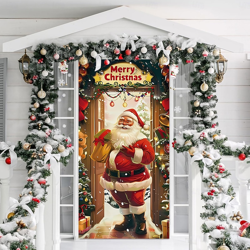 Christmas Door Decorations Door Covers Xmas Santa Claus Door Tapestry Door Curtain Decoration Backdrop Indoor/Outdoor Door Banner for Front Door Farmhouse