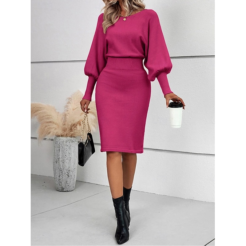 Women's Sweater Dress Casual Soft Pure Color Ribbed Crew Neck Knitted Long Sleeve Long Tops Knit Outdoor Daily Weekend Black Fuchsia Fall Winter2