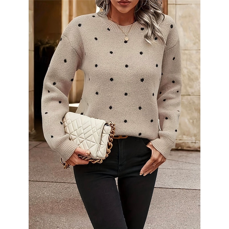 Women's Sweater Pullover Sweater Jumper Casual Soft Polka Dot Ribbed Crew Neck Knitted Long Sleeve Regular Tops Knit Outdoor Daily Weekend Camel Fall Winter4