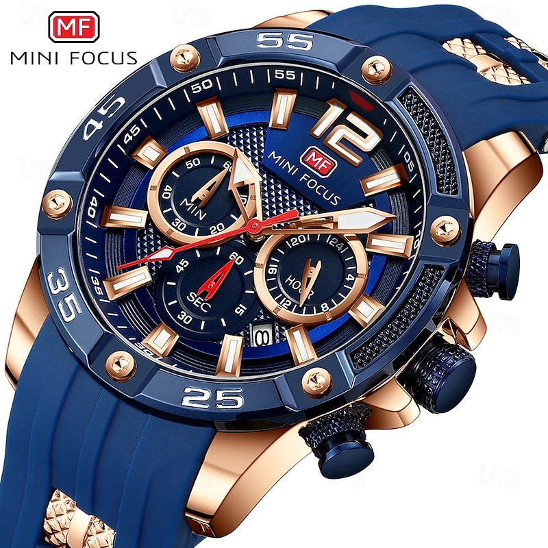MINI FOCUS Men Quartz Watch Outdoor Sports Fashion Wristwatch Luminous Calendar Chronograph Waterproof Silicone Gel Watch