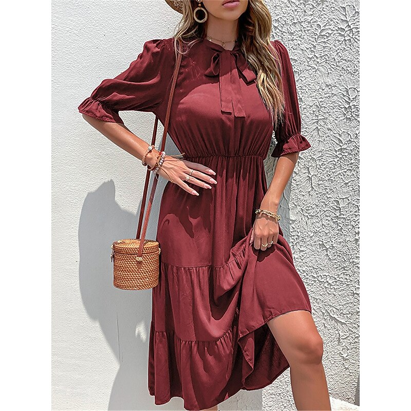 Women's Casual Dress Midi Dress Ruffle Casual Stand Collar Half Sleeve Black Wine Green Color