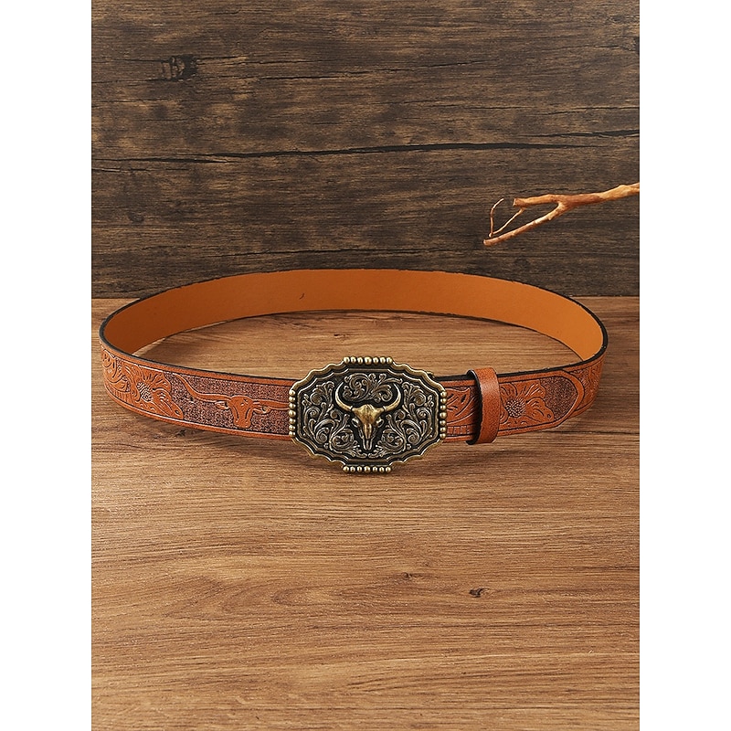 Men's Western Faux Leather Belt with Embossed Floral Design and Bull Head Buckle – Vintage Cowboy Style3