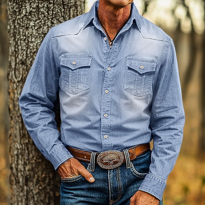 Men's Shirt Calico Shirt Casual Shirt Button Up Shirt Denim Shirt Plain Daily Vacation Light Blue Black Blue Dark Gray Long Sleeve Collar Spring & Summer Clothing Apparel