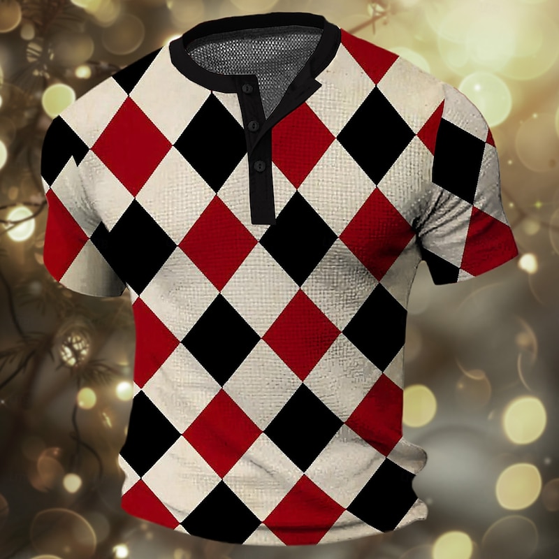 Men's Plaid Waffle Shirt Short Sleeve 3D Print Vacation Fashion Vacation Casual Daily Summer Spring Black Red Blue Brown Henley Henley T-Shirt