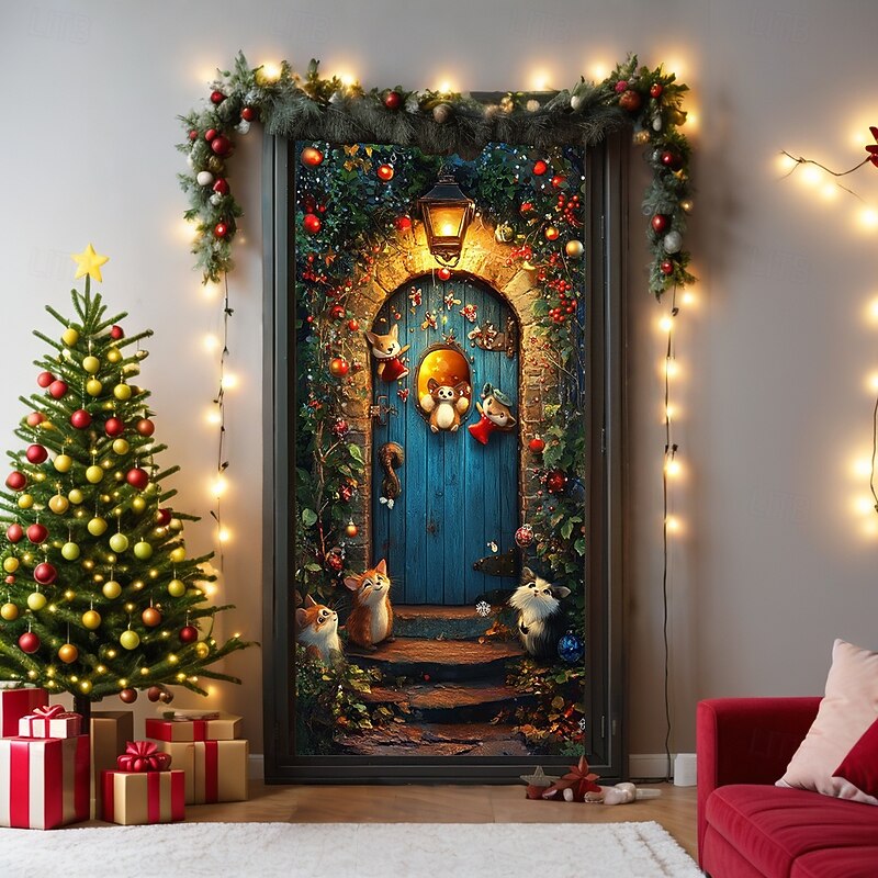 Christmas Door Decorations Door Covers Xmas Animals Door Tapestry Door Curtain Decoration Backdrop Indoor/Outdoor Door Banner for Front Door Farmhouse3