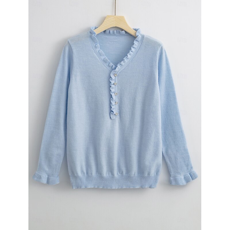 Women's Sweater Elegant Daily Solid Color V Neck Ruffle Long Sleeve Regular Tops Knit Work White Light Blue Fall Winter4