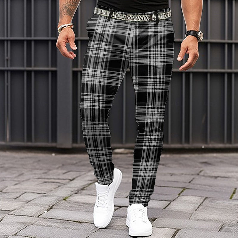 Men's Plaid Dress Pants Mid Waist Business Casual Formal Dailywear Zipper Pocket Summer Spring Fall 3D Print Black Gray