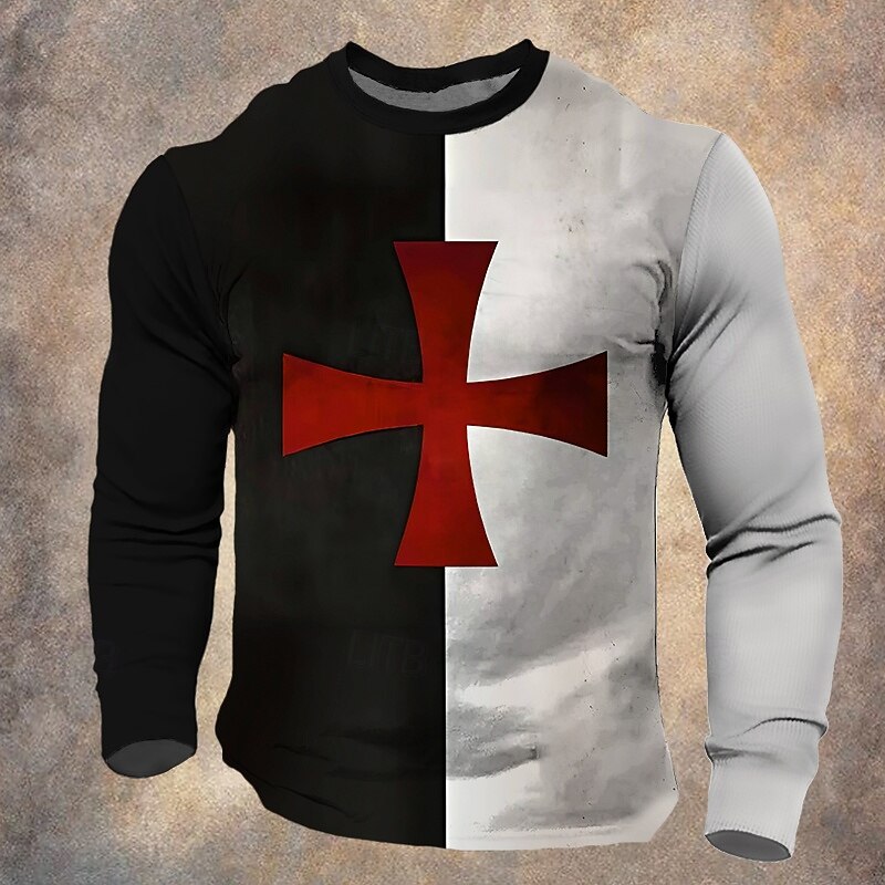 Men's Templar Cross T Shirt Long Sleeve T shirt 3D Print Crew Neck Shirt Daily Designer Vintage Retro Street Casual Black / White Summer Spring Fall Clothing Apparel S M L XL XXL XXXL