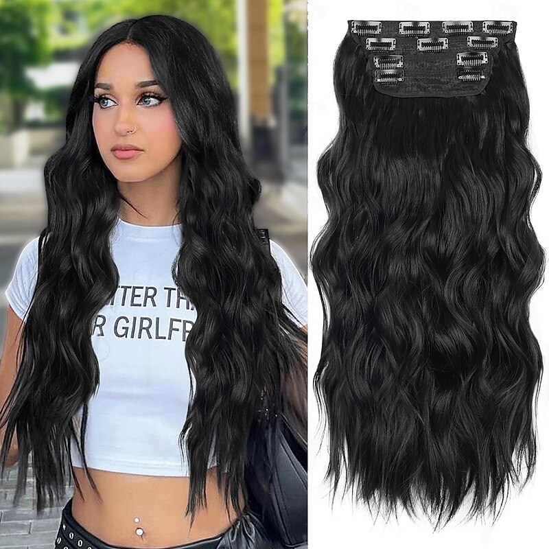Clip in Long Wavy Synthetic Hair Extension 24 Inch 4PCS Thick Hairpieces Fiber Double Weft Hair for Women