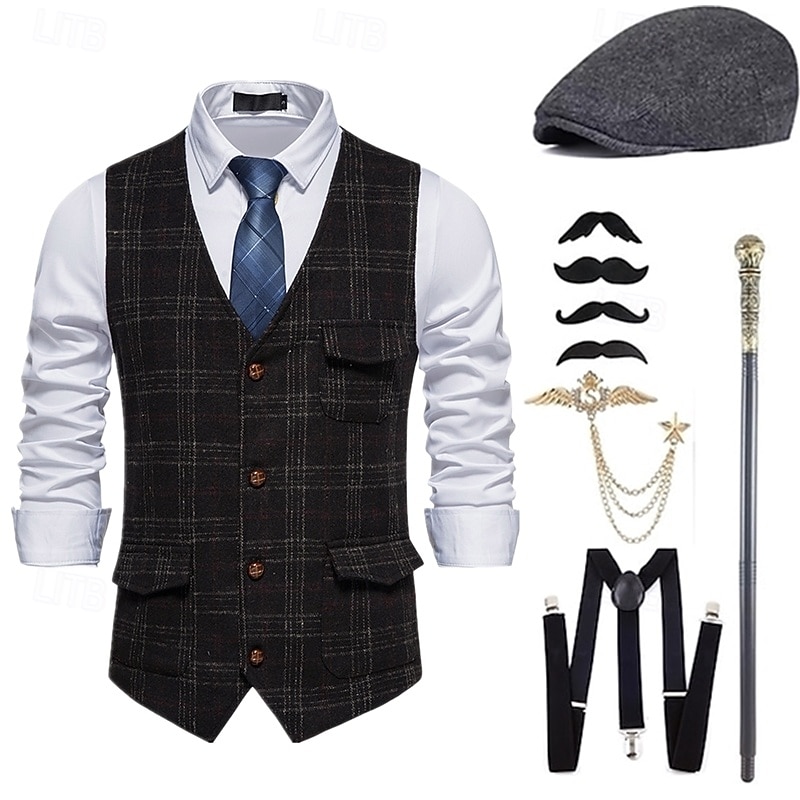 Retro Vintage Roaring 20s 1920s Outfits Waistcoat Accesories Set Gentleman Fancy Dress Men's Halloween Carnival New Year Party / Evening Masquerade New Year Eve Adults' Cravat Vest More Accessories3