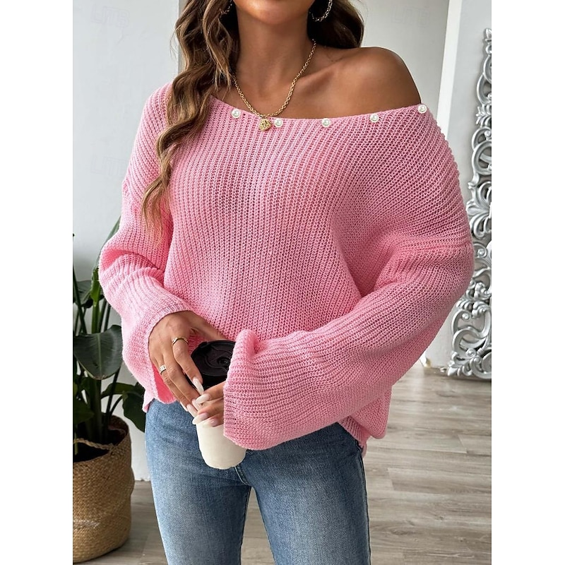 Women's Sweater Crew Neck Knit Sequins Spring Fall Party Elegant Daily Long Sleeve Solid Color Pink4