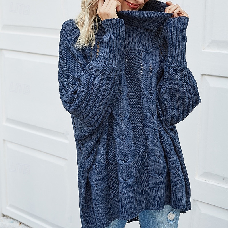 Women's Sweater Pullover Sweater Jumper Casual Soft Pure Color Cable Turtleneck Knitted Long Sleeve Regular Tops Knit Outdoor Daily Weekend Navy Blue Beige Fall Winter4