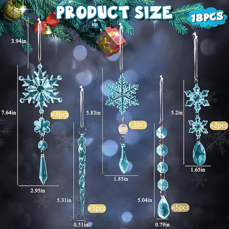 18pcs Christmas Ornaments Set Light Blue Acrylic Snowflake and Icicle Ornaments, Christmas Tree Hanging Decorations, Festive Hanging Pendants for Xmas Holiday Decor2
