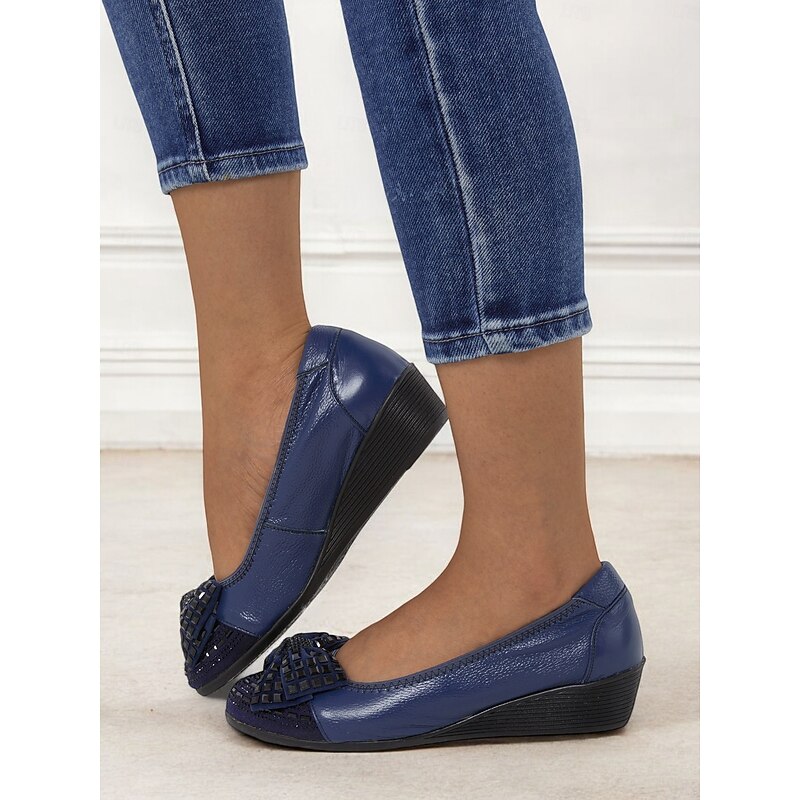 Women's Leather Wedge Flats with Decorative Bow and Embellished Toe – Comfortable Casual Slip-On Shoes for Everyday Wear2