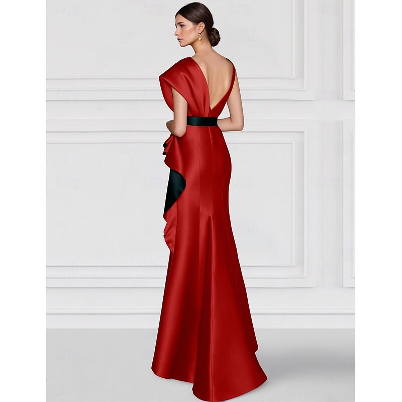 Red Gold Mother of the Bride Embroidered Sheath Evening Gown Elegant Dress Formal Floor Length Sleeveless V Neck Satin with Appliques3
