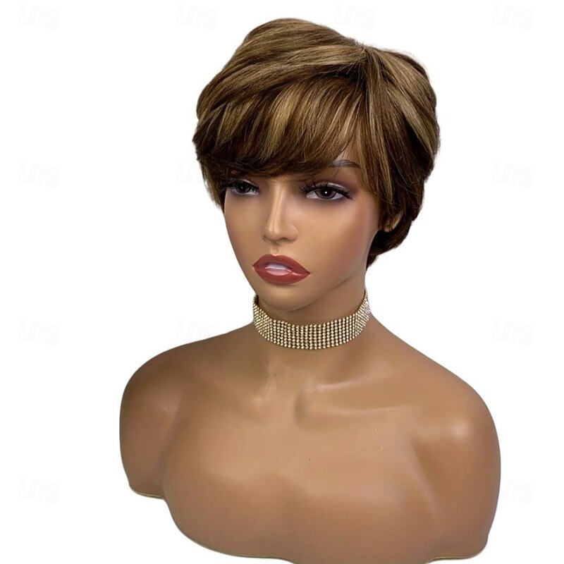Pixie Cut Wig With Bangs Short Straight Mixed Color Remy Brazilian Human Hair Glueless Full Machine Made wig3