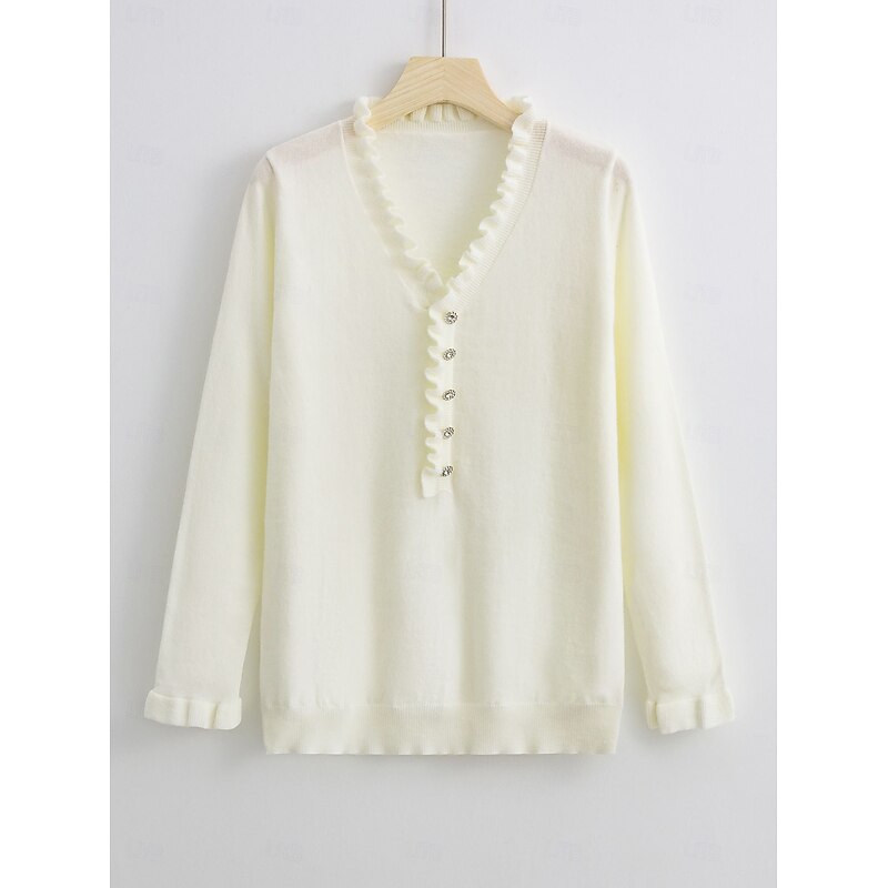 Women's Sweater Elegant Daily Solid Color V Neck Ruffle Long Sleeve Regular Tops Knit Work White Light Blue Fall Winter2