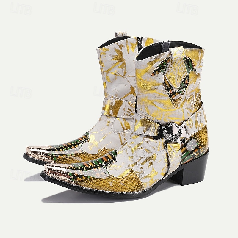 Men's Gold Snakeskin Leather Motorcycle Boots – Western Style Pointed Toe Ankle Boots with Buckle Straps and Bold Metallic Accents 9