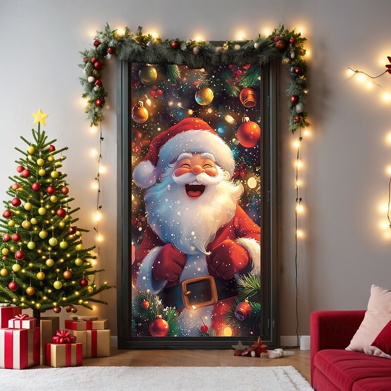 Christmas Door Decorations Door Covers Xmas Santa Door Tapestry Door Curtain Decoration Backdrop Indoor/Outdoor Door Banner for Front Door Farmhouse3