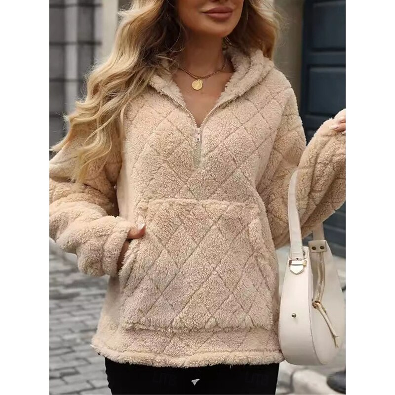 Women's Zip Up Hoodie Sweatshirt Casual Sherpa Fleece Plain Street Dailywear Hooded Pocket Half Zip Long Sleeve Black Red Beige Fall Winter4