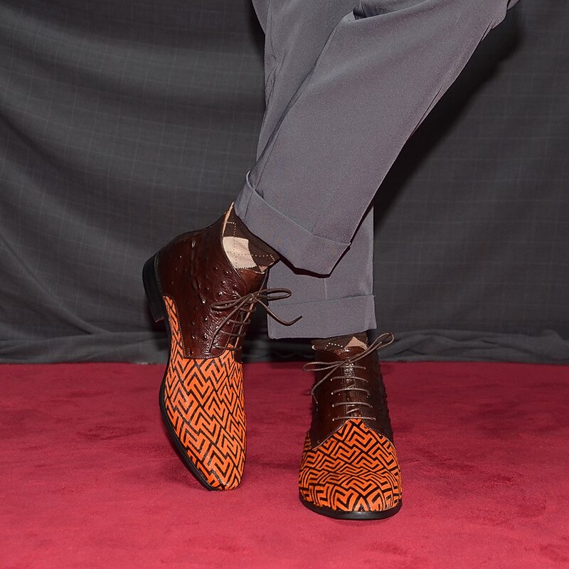Men's Premium Cowhide Leather with Pony Hair Ankle Boots - Geometric Pattern Lace-Up Stylish Casual & Formal Shoes2