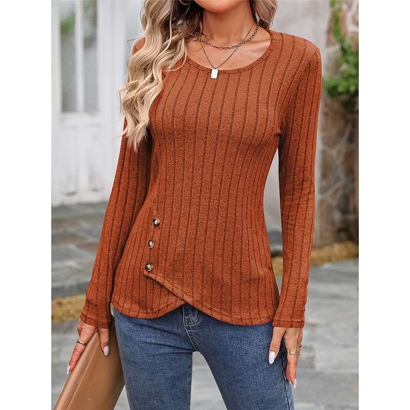 Women's Shirt Blouse Solid Color Basic Casual Long Sleeve Crew Neck Regular Tops Daily Buttons Black Brown Beige Gray Fall Winter3