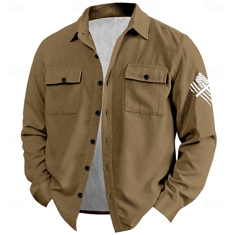 Christmas Men's American US Flag Patriotic Corduroy Shirt Shirt Jacket Overshirt Long Sleeve Vintage Fashion Casual Outdoor Dailywear Holiday Fall & Winter Turndown Collared Shirts Buttons 3D Print 23