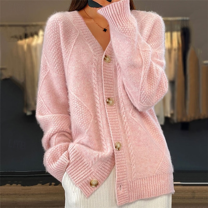 Women's Pink Long Cardigan V Neck Cable Knit Knitted Fall Winter Work Elegant Fashion Daily Long Sleeve Solid Color Pink Camel