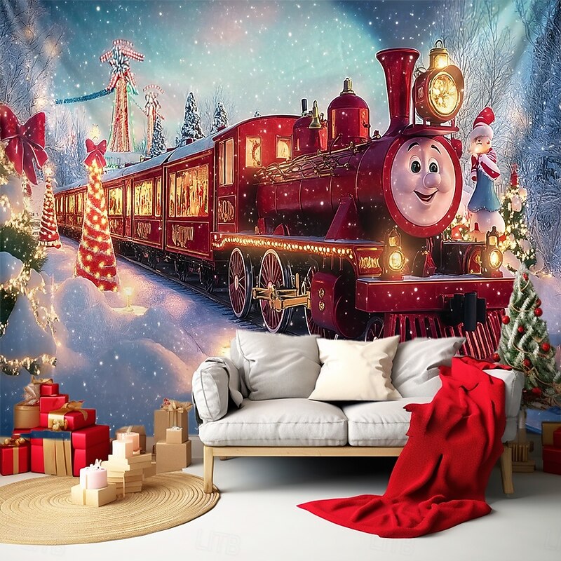 Christmas Decorations Xmas Train Hanging Tapestry Wall Art Large Tapestry Mural Decor Photograph Backdrop Blanket Curtain Home Bedroom Living Room Decoration2
