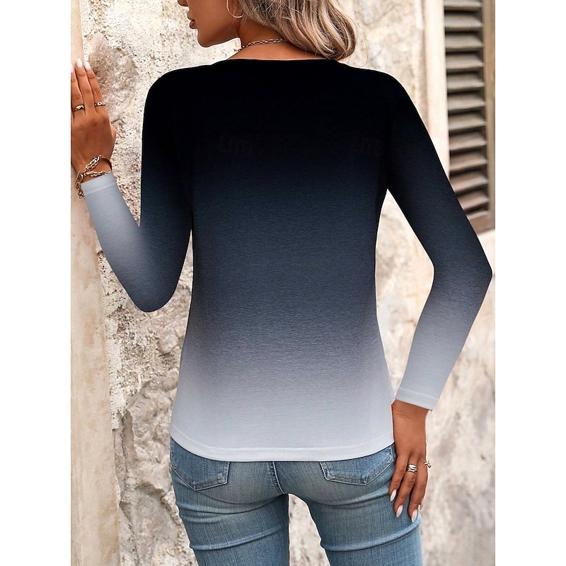 Women's T shirt Long Sleeve V Neck Long Sleeve Tunic Ombre Casual Regular Tops Daily Print Navy Blue Spring Fall Prefall2