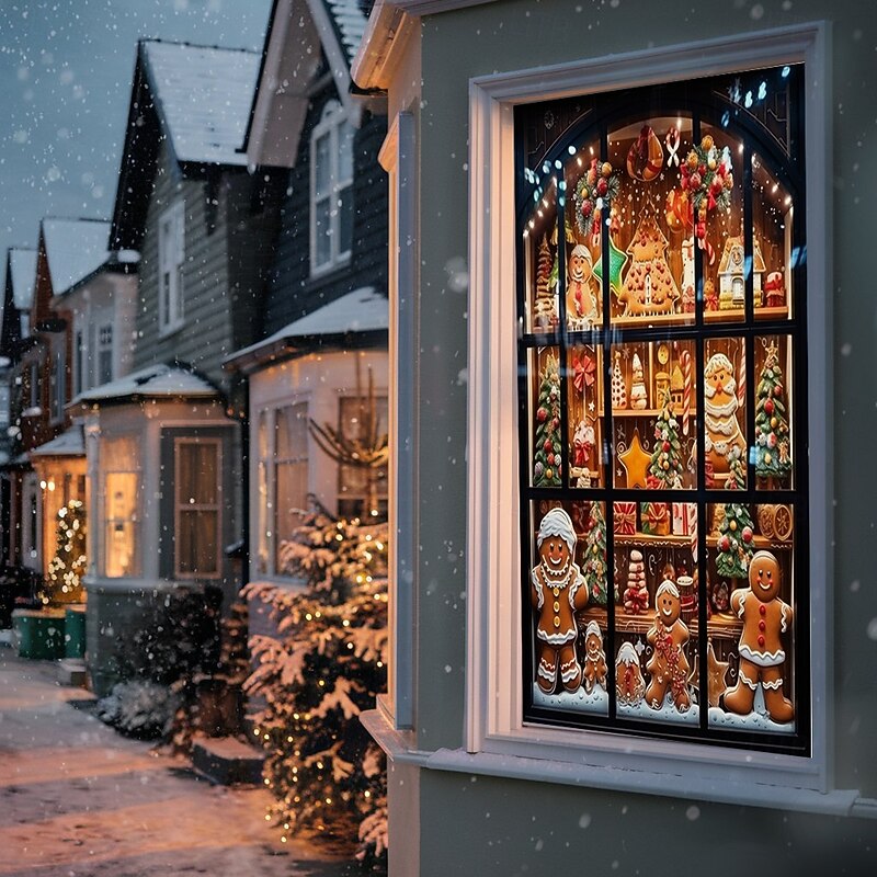 Christmas Window Cover Decorations, Fabric Gingerbread Shop Curtain Movie Poster Window Door Covering Decor for Christmas House, Window Clings Decals Indoor Outdoor4