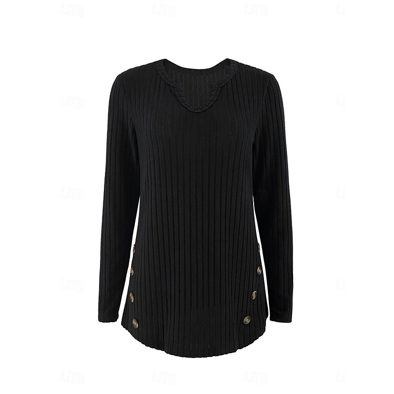 Women's Sweater Casual Soft Pure Color Ribbed V Neck Buttons Knitted Long Sleeve Regular Tops Knit Outdoor Daily Weekend Black Fall Winter3