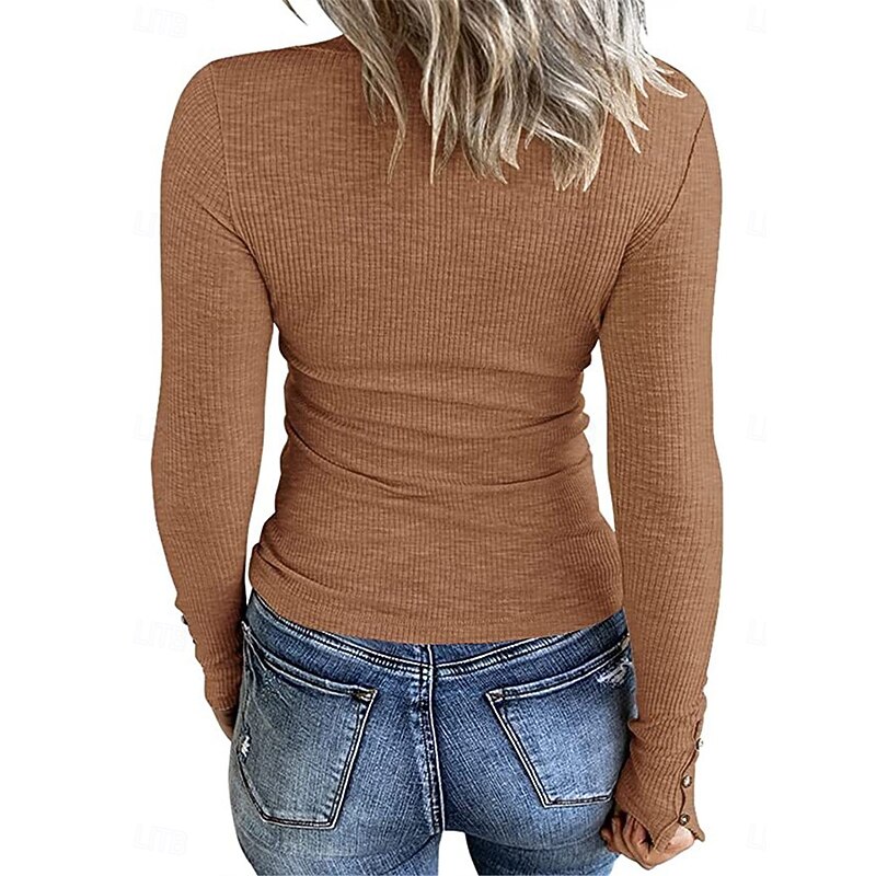 Women's T Shirt Plain Fashion Modern Casual Long Sleeve Crew Neck Regular Tops Daily Weekend Buttons Blue Brown Gray Fall Winter4