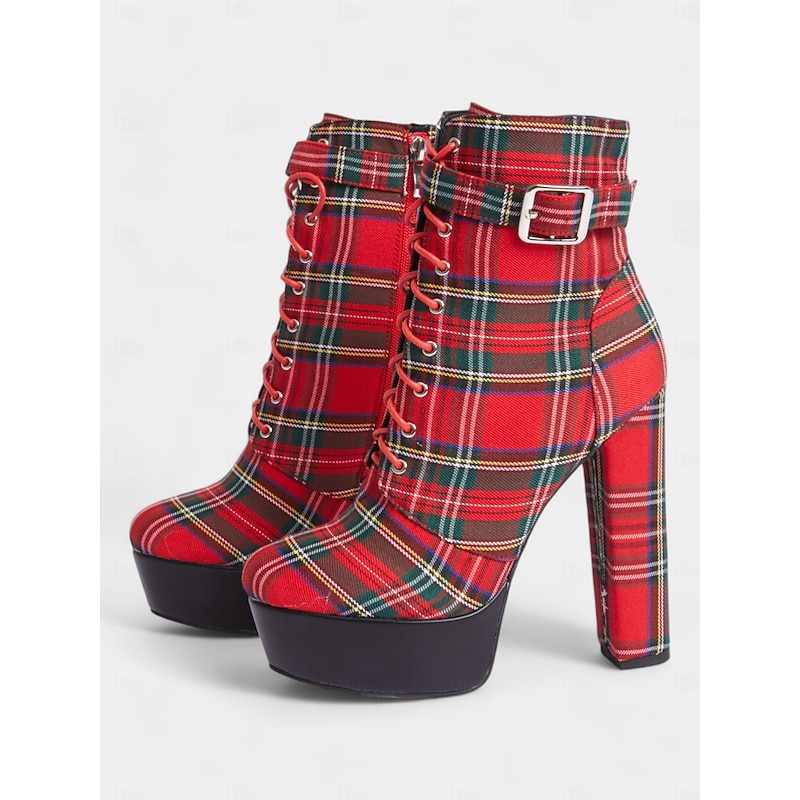 Women's Red Tartan Platform Ankle Boots - Chunky Heel Plaid Lace-Up Boots with Side Zipper for Punk and Alternative Fashion3