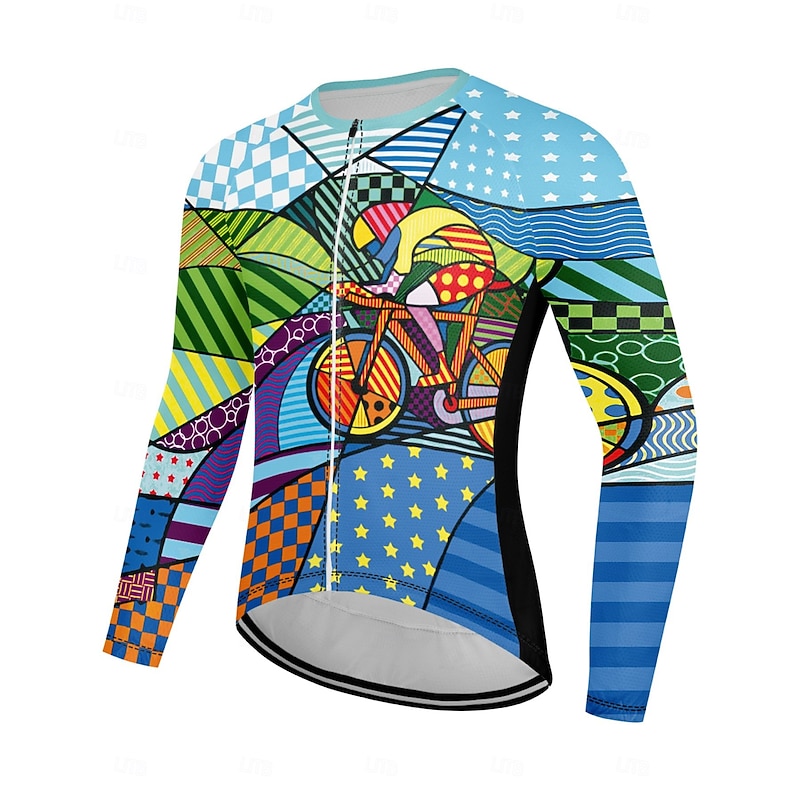 Men's Cycling Jersey Geometic Long Sleeve Bike Top with 3 Rear Pockets Mountain Bike MTB Road Bike Cycling Anti-slip Strap Quick Dry Reflective Strips Back Pocket Sports Blue Clothing Apparel