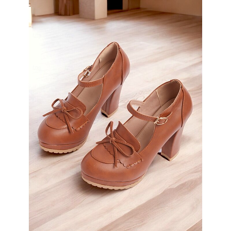 Women's Vintage Brown Mary Jane Pumps - Chunky Heel Platform Shoes with Bow Detail, Ideal for Retro and Classic Outfits, Perfect for Office, Parties, and Special Occasions
