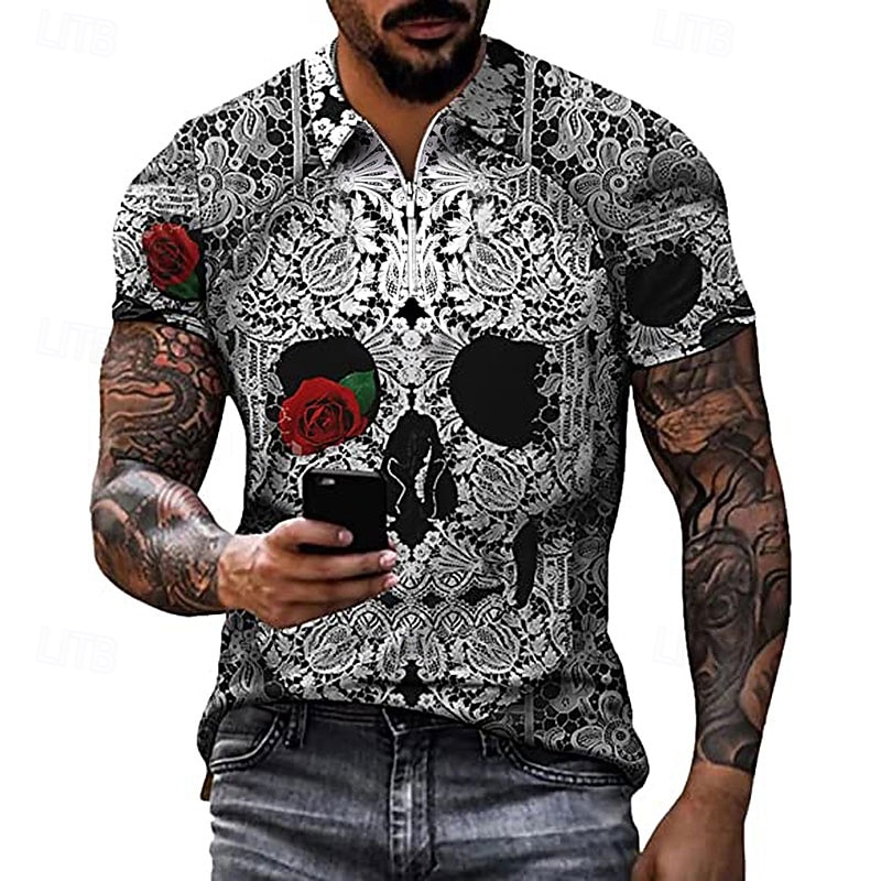 Day of the Dead Men's Skull Rose Zip Polo Shirts Golf Shirt Short Sleeve Polo Shirts Collared Shirts Casual Horror Streetwear Festival Wear Party Outfits 3D Print Quarter Zip Polo White Purple Green4