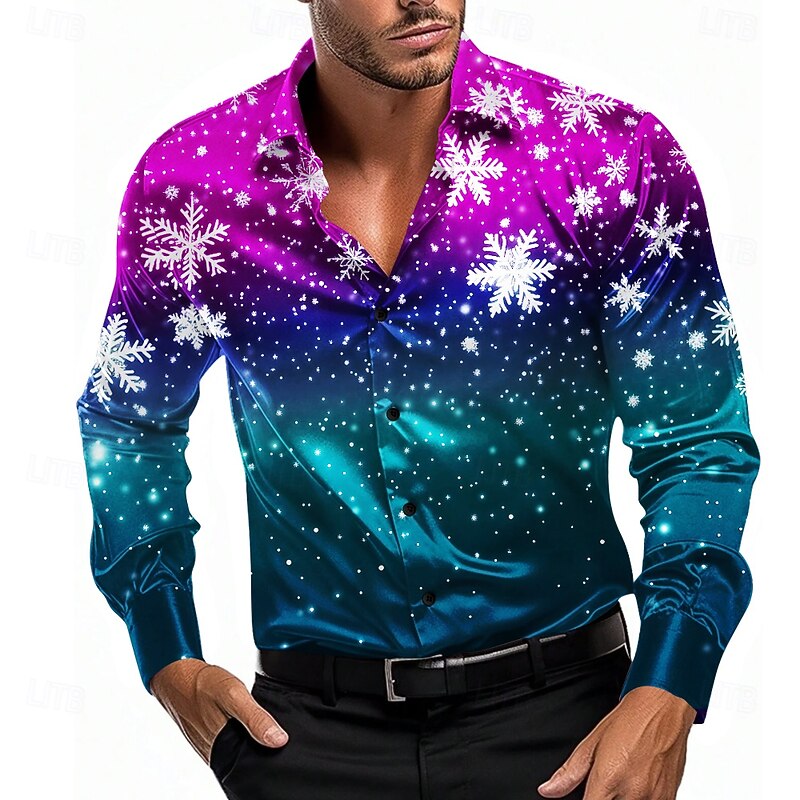 Christmas Men's Christmas Scene Printed Shirts Snowflake Casual Fashion Casual Dress Button Up Long Sleeve Party Evening Dailywear Vacation Summer Spring Fall Collared Shirts 3D Print Thin Blue Satin4