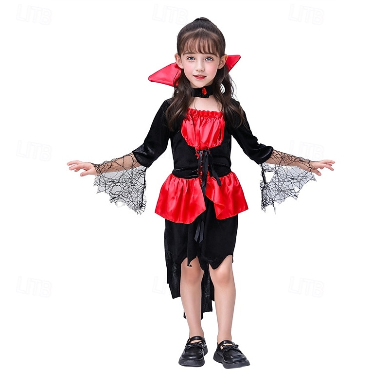 Kids Girls' Dress Color Block halloween custome Long Sleeve Performance Party Patchwork Gothic Costume Polyester Knee-length Casual Dress Summer Spring 4 years+ Red2