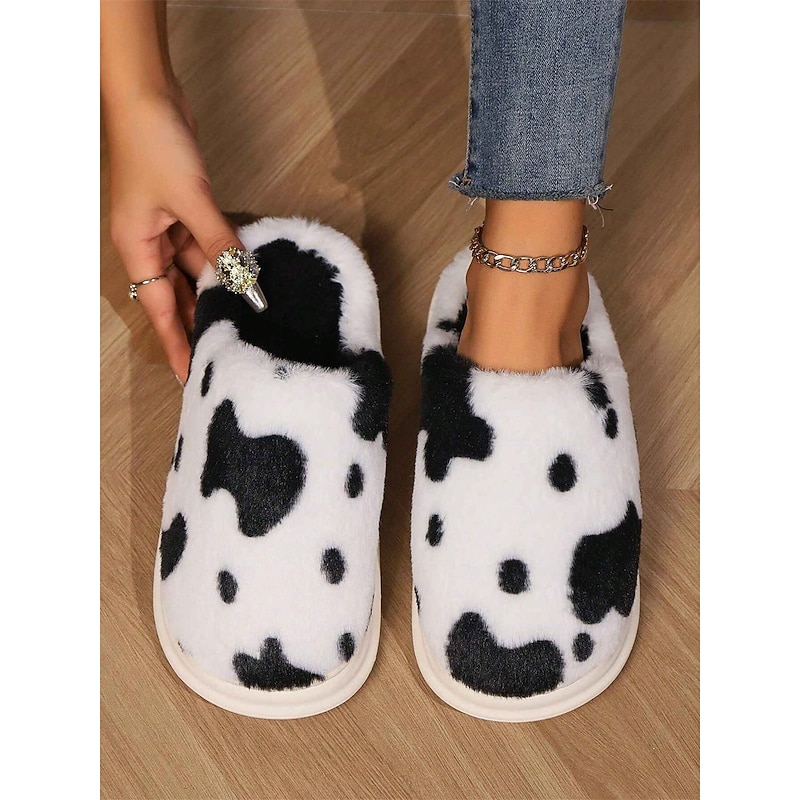 Cow Print Plush Slippers for Women - Fuzzy Faux Fur Indoor House Shoes with Soft Memory Foam for Cozy Comfort4