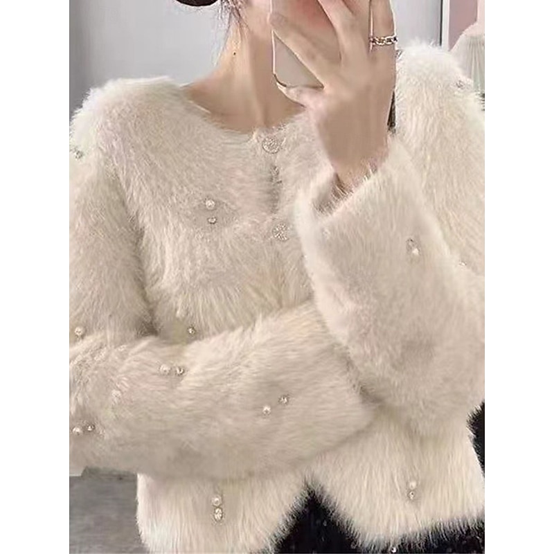 Women's Sweater Cardigan Fuzzy V Neck Ribbed Knit Beaded Fall Winter Daily Weekend Casual Soft Long Sleeve Pure Color Pink Apricot4